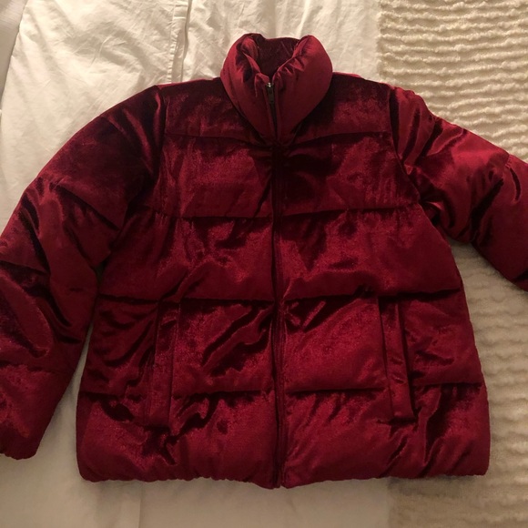 red velvet puffer jacket
